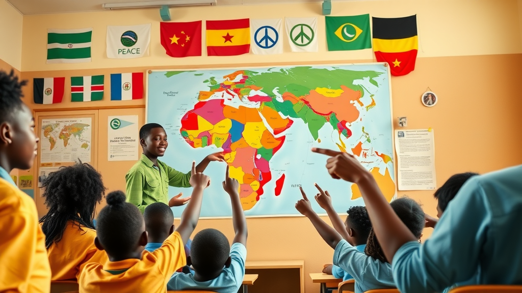 uplifting African classroom, teacher guiding students with map, 3D cartoon