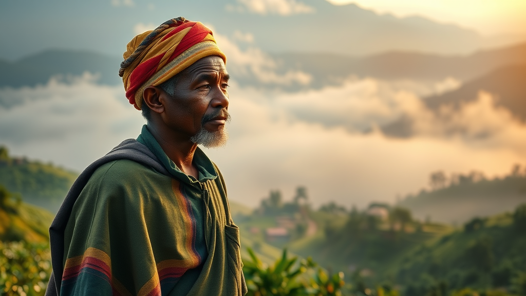 Ethiopian coffee farmer overlooking highland terraces, highlighting coffee empire strategy.