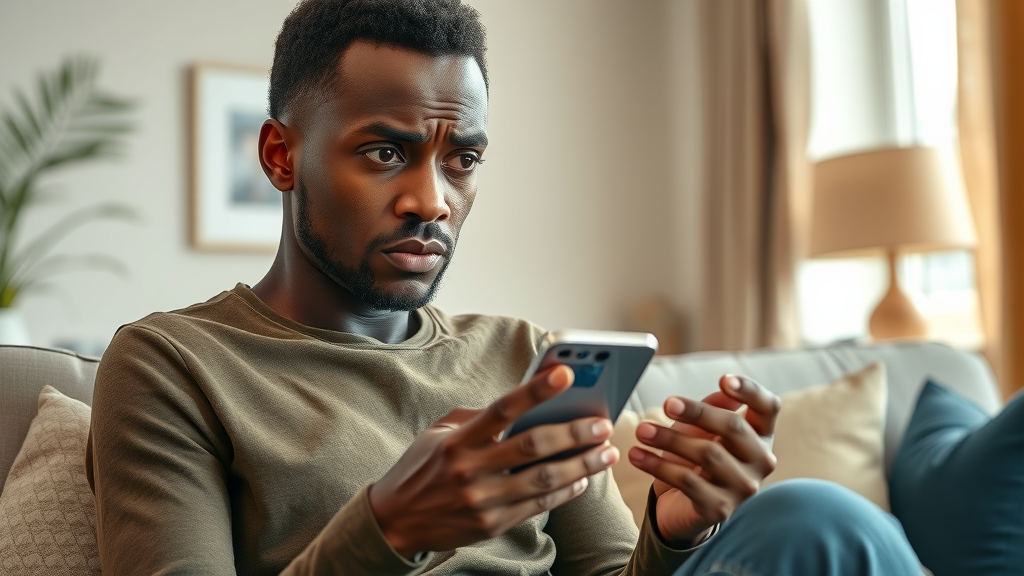 Concerned African online shopper reviewing inconsistent e-commerce brand messages on smartphone, e-commerce branding Africa