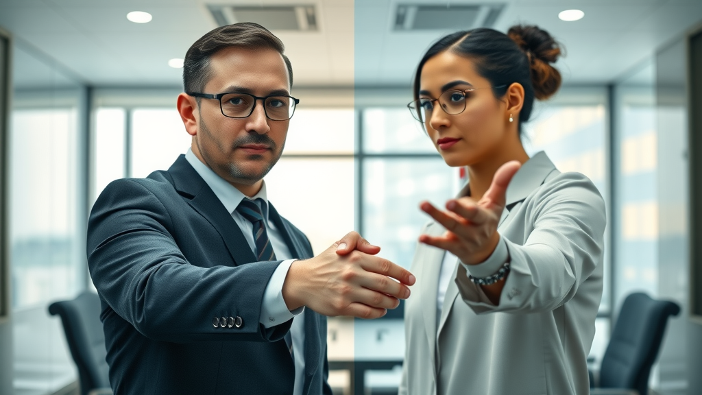line between persuasion: split scene with handshake and secretive gesture demonstrating ethical persuasion vs manipulation