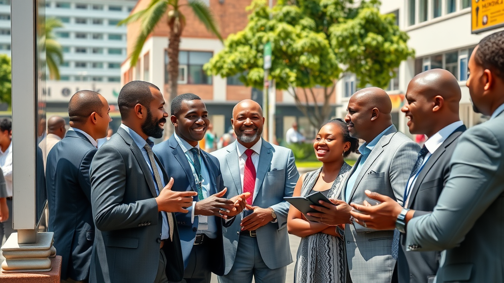 Brand psychology Africa vibrant business district diverse professionals with branded billboard