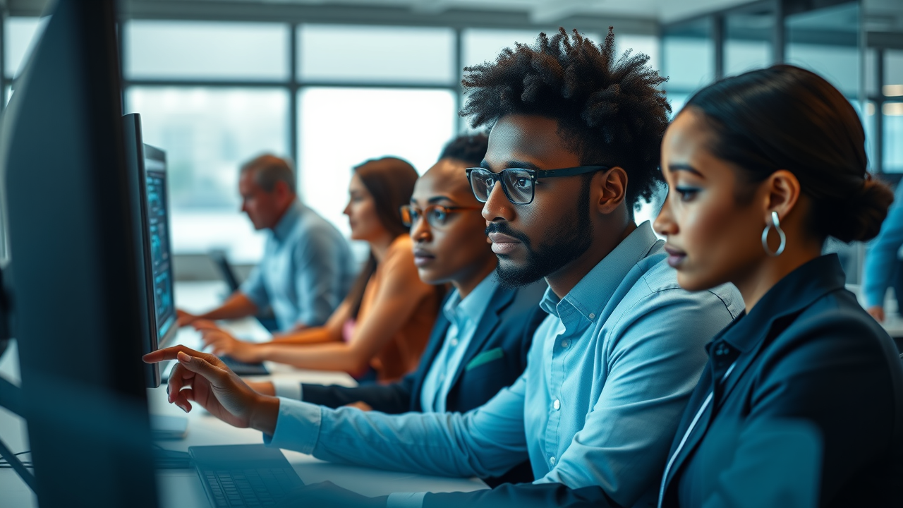 Amazon office with marketing team analyzing customer retention data on screens, e-commerce branding Africa