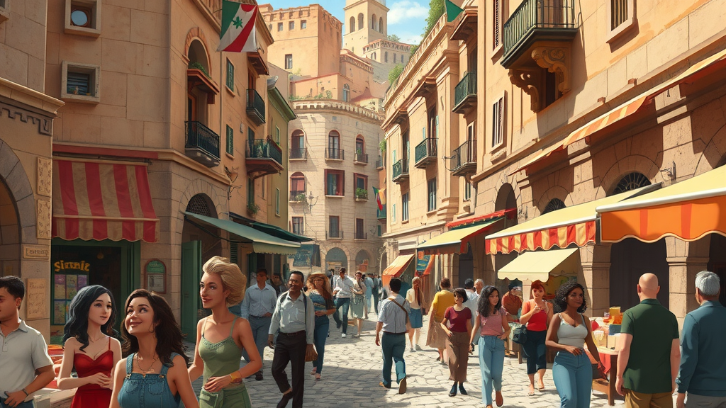 Evocative ancient Mediterranean city marketplace with vibrant activity, colourful historic architecture, and animated crowds—a scene at risk from climate change effects on African coastal historic cities and regions on the Mediterranean Sea.