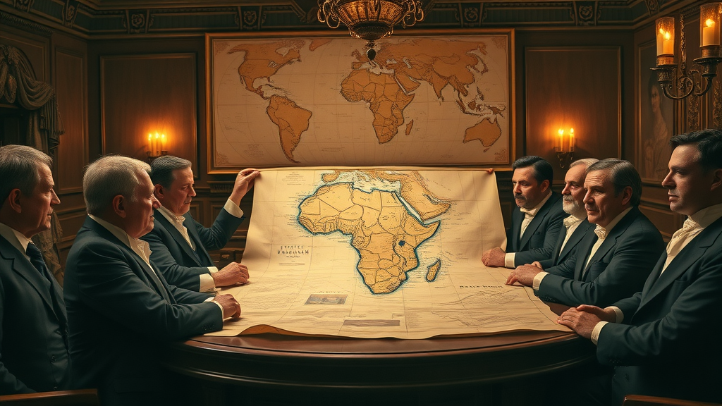historical diplomatic gathering at the Berlin Conference, European leaders in formal attire around an African map
