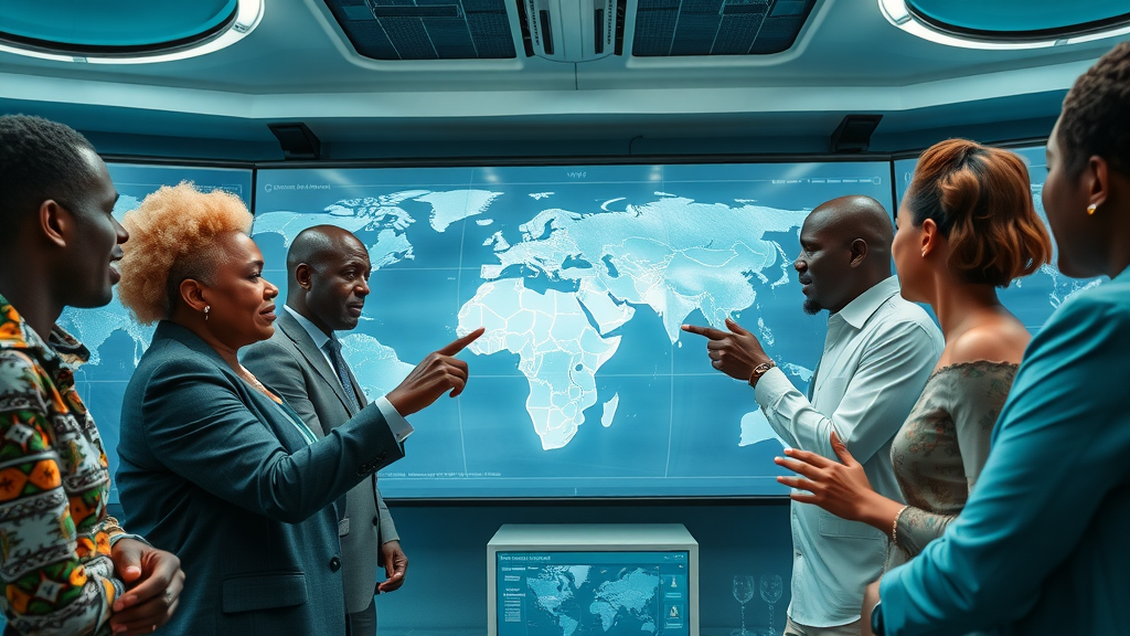 progressive African conference, delegates reviewing digital borders, futuristic