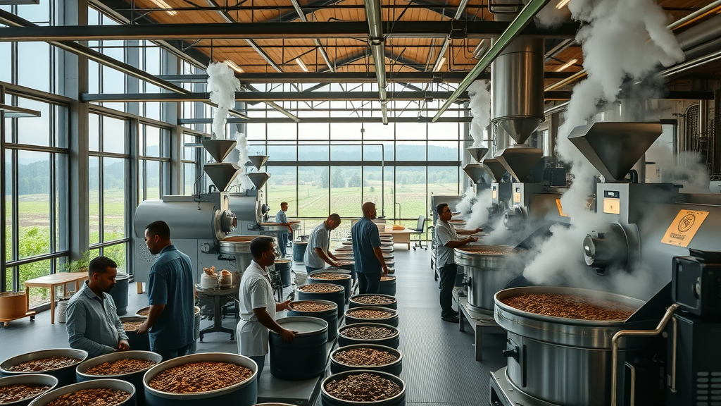 Modern Ethiopian coffee factory workers represent the Ethiopian coffee empire strategy.