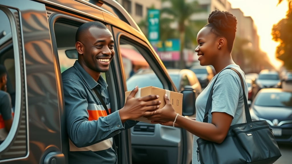 Modern African delivery van, driver handing package to happy customer, e-commerce branding Africa