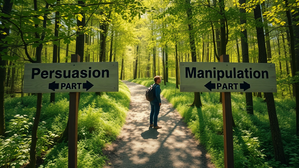 difference between persuasion: visual metaphor of two diverging paths, labeled for persuasion and manipulation