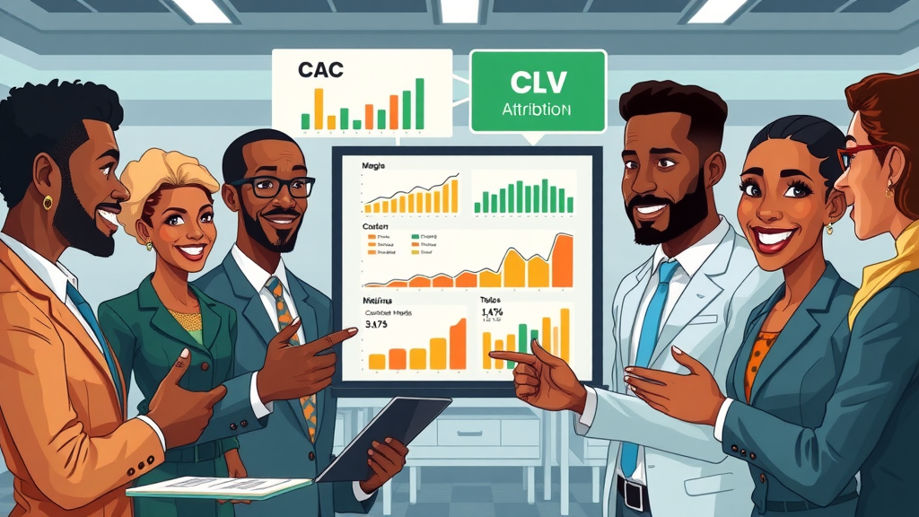 marketing ROI measurement infographic: CAC, CLV, attribution, conversion rates for African marketers