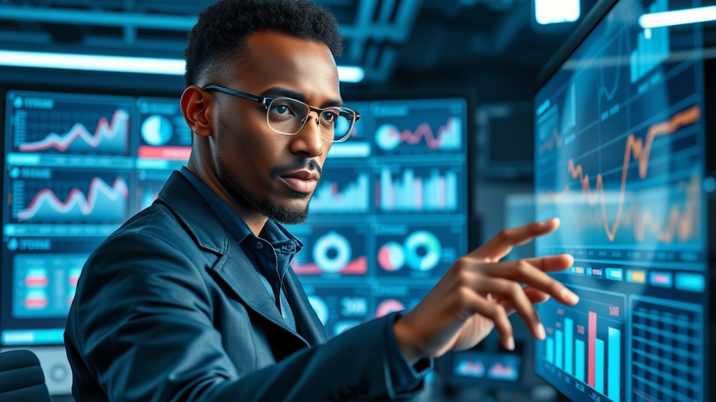 African marketing analyst working with analytics dashboard for ROI measurement