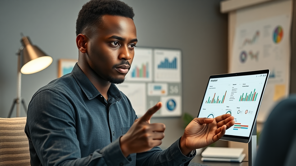 Thoughtful young African founder reviewing side-by-side comparisons of AI marketing tool dashboards, analytical, office scene