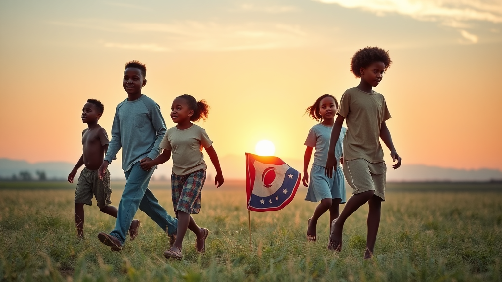 hopeful African children of diverse ethnicities walking along plain, photorealistic