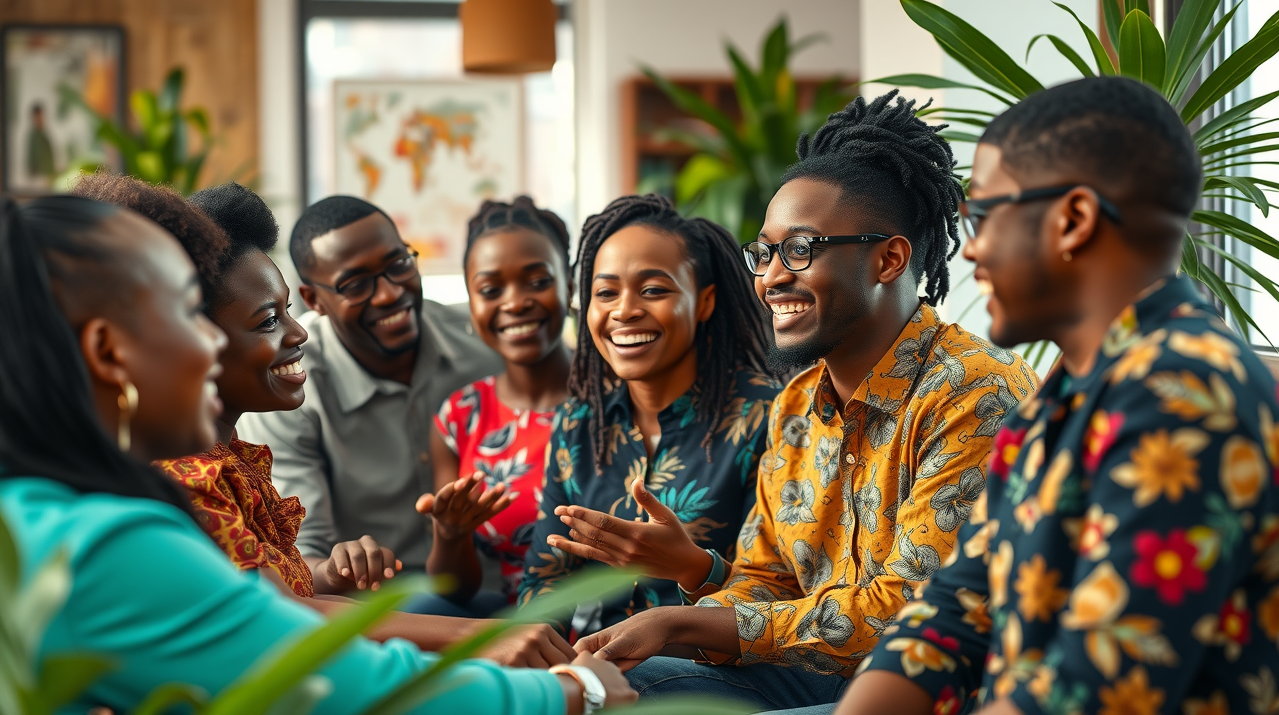Vibrant community of Ugandan social entrepreneurs collaborating in a modern coworking space with Ugandan decor and green plants