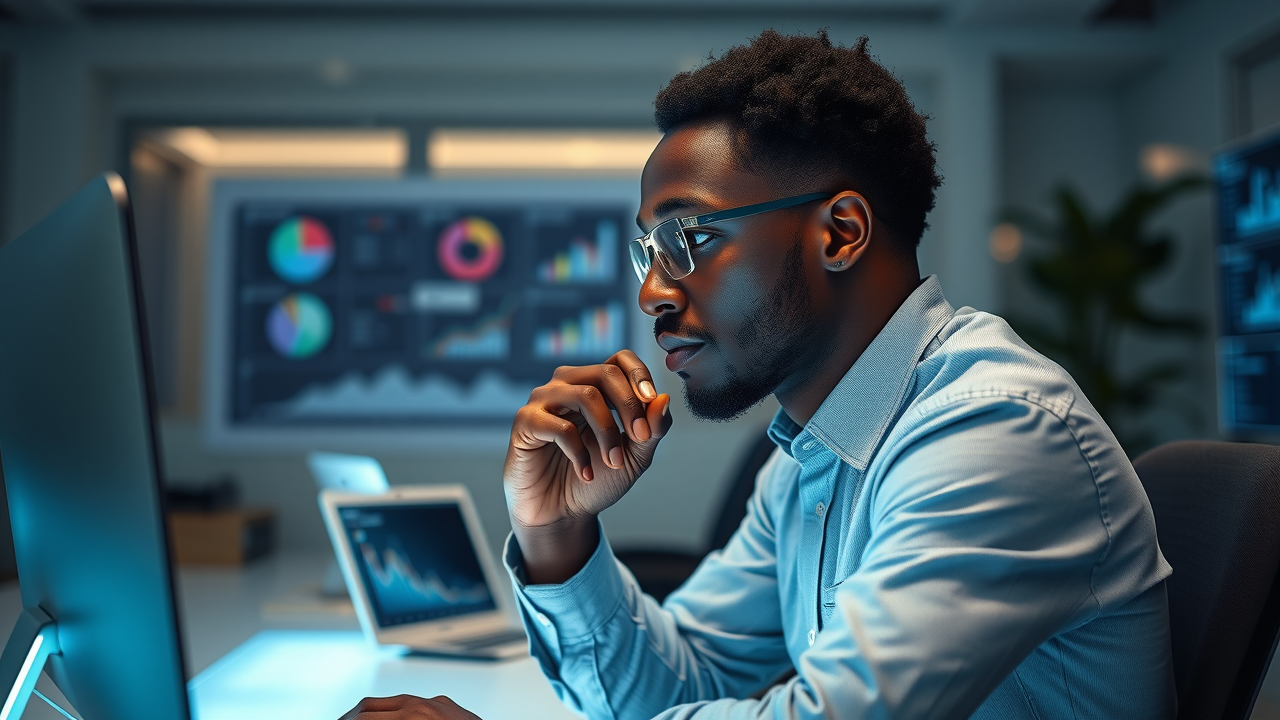 professional African marketer analyzing Google Ads data on a computer screen, illustrating digital marketing in Africa.