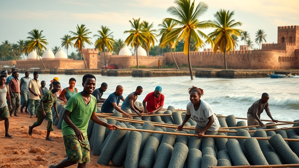 Optimistic African coastal community gathering to build flood barriers near historic seaside structures—community-based climate change resilience in African coastal historic cities and regions on the Mediterranean Sea.