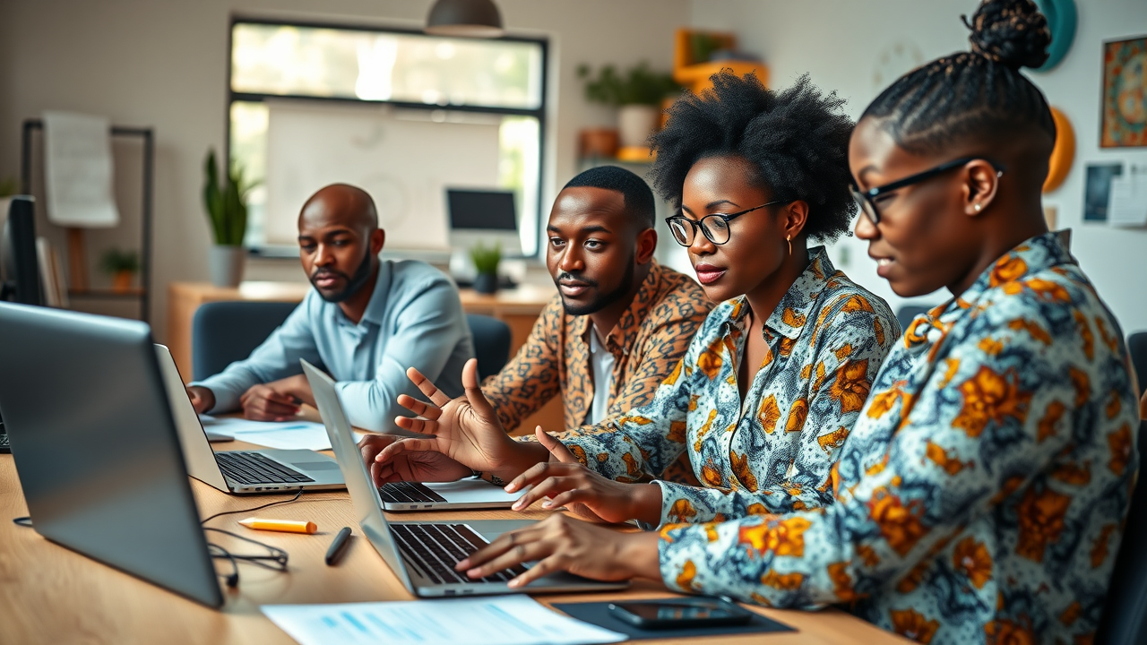 dynamic African digital marketing workspace, content marketing Africa professionals collaborating analyzing strategies modern office laptops charts