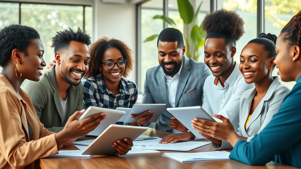 Energetic young African professionals planning sustainable business growth Africa in a green office
