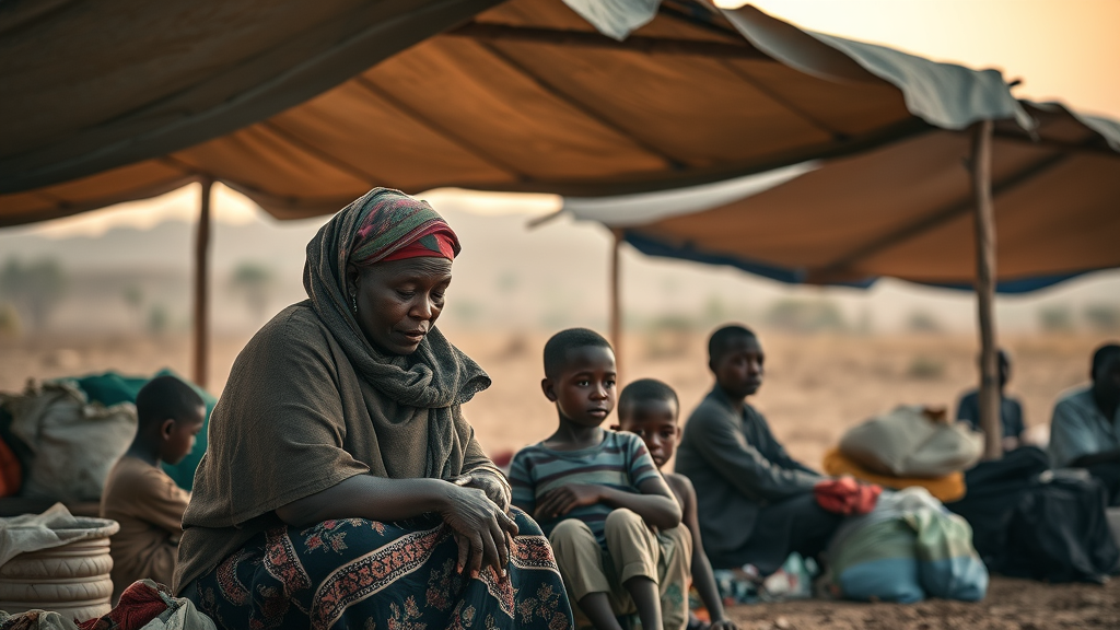 heartfelt African refugee camp scene, mother comforting children, highly detailed