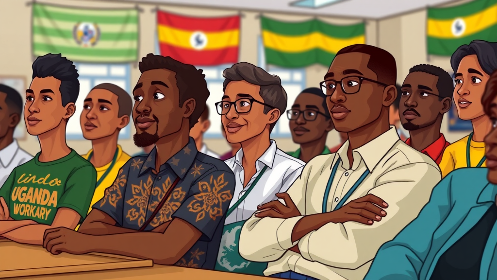 Inspirational image of Ugandan social entrepreneurs at a workshop, learning and engaging in a lively classroom with Uganda flags