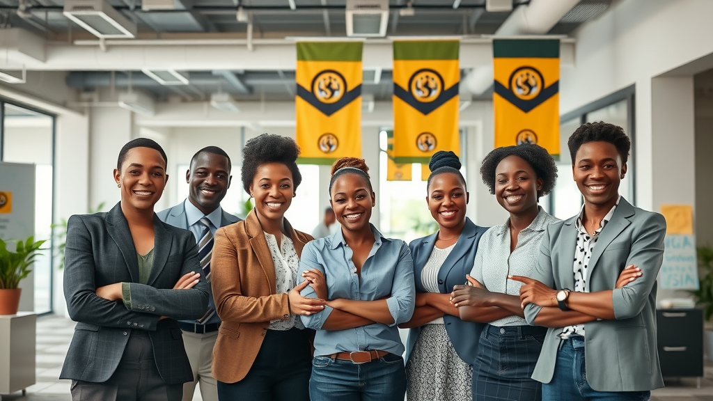 Modern office setting featuring Ugandan social entrepreneurs and advocates collaborating, vibrant energy, Ugandan motifs, and team synergy