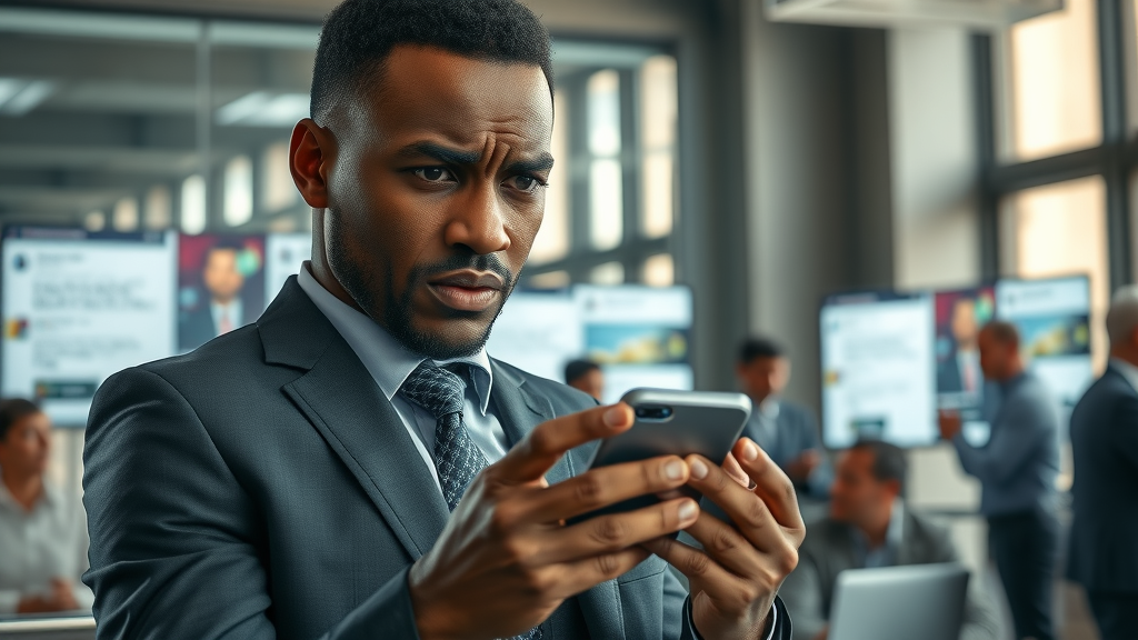 Distressed African business executive reviewing urgent notifications on a smartphone during brand crisis management Africa