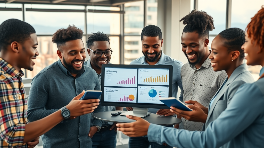 African startup team collaborating with AI marketing tools Africa dashboards in a vibrant modern coworking space, city background, photorealistic