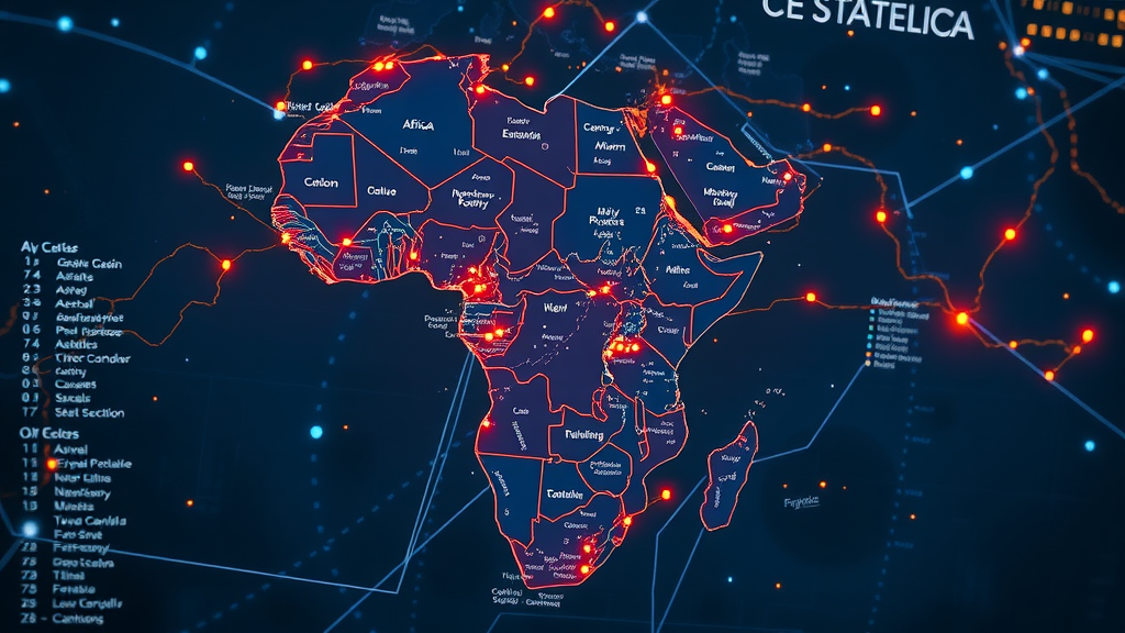 Modern digital map of Africa highlighting hyper-local data, AI marketing connections between major cities, vibrant neon tech effect