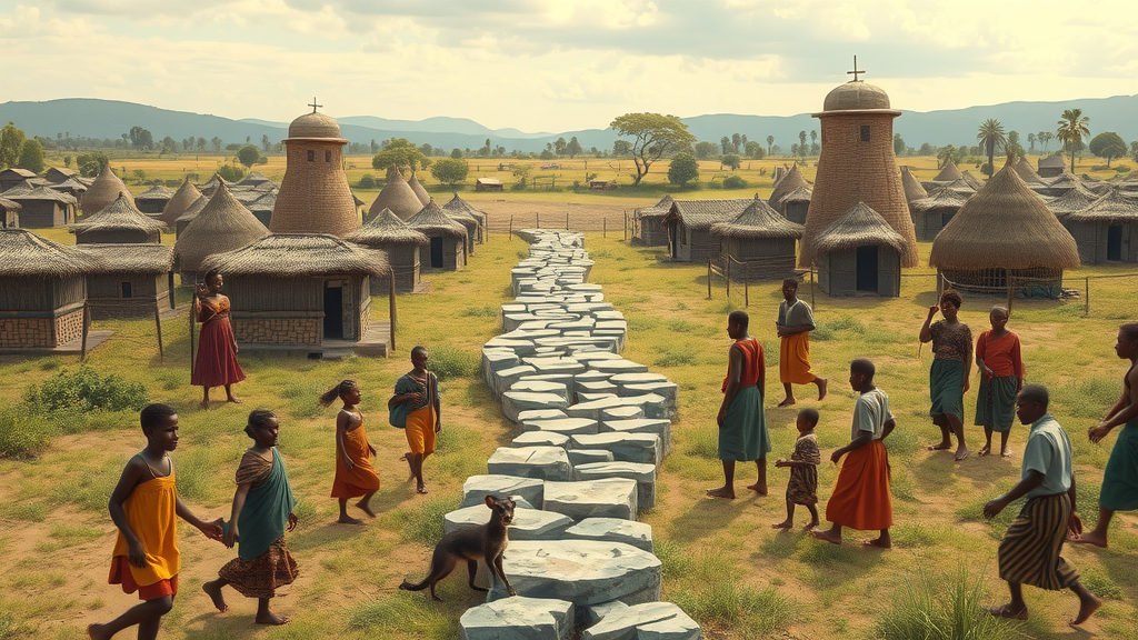 somber African village split by boundary marker, cartoon, with dividing fence