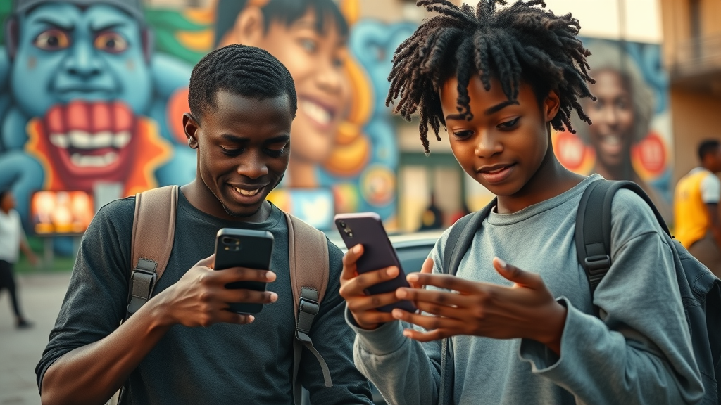 Tech-savvy African youth sharing content brand psychology Africa urban square
