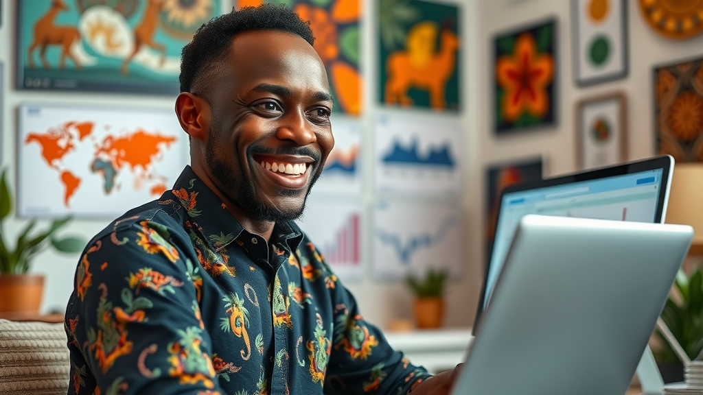 inspirational African entrepreneur content marketing Africa looking at analytics dashboard in colorful home office