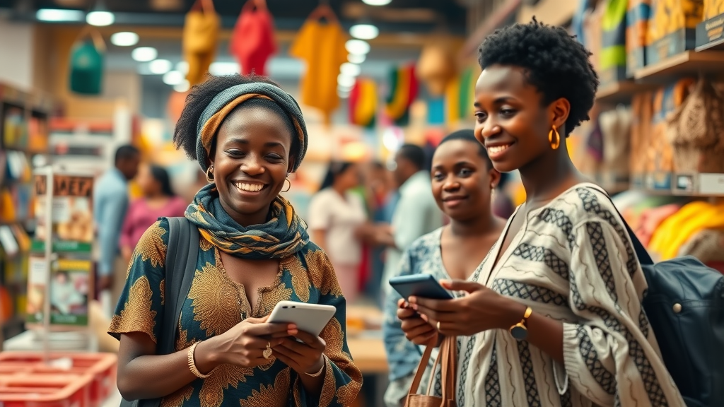 Vibrant African e-commerce marketplace scene with smiling diverse shoppers and digital transaction elements, e-commerce branding Africa