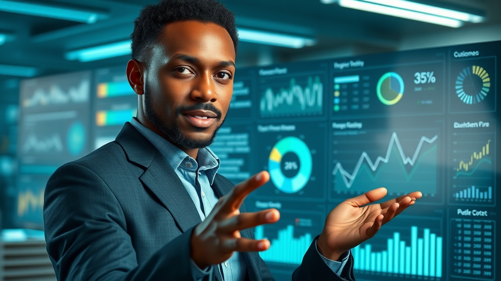 Professional African analyst presenting customer retention data, e-commerce branding Africa