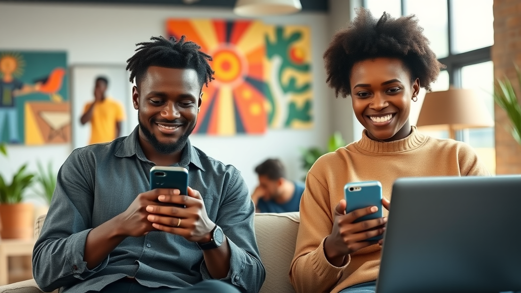 vibrant young African entrepreneurs using smartphones and laptops in a co-working space, symbolizing Africa