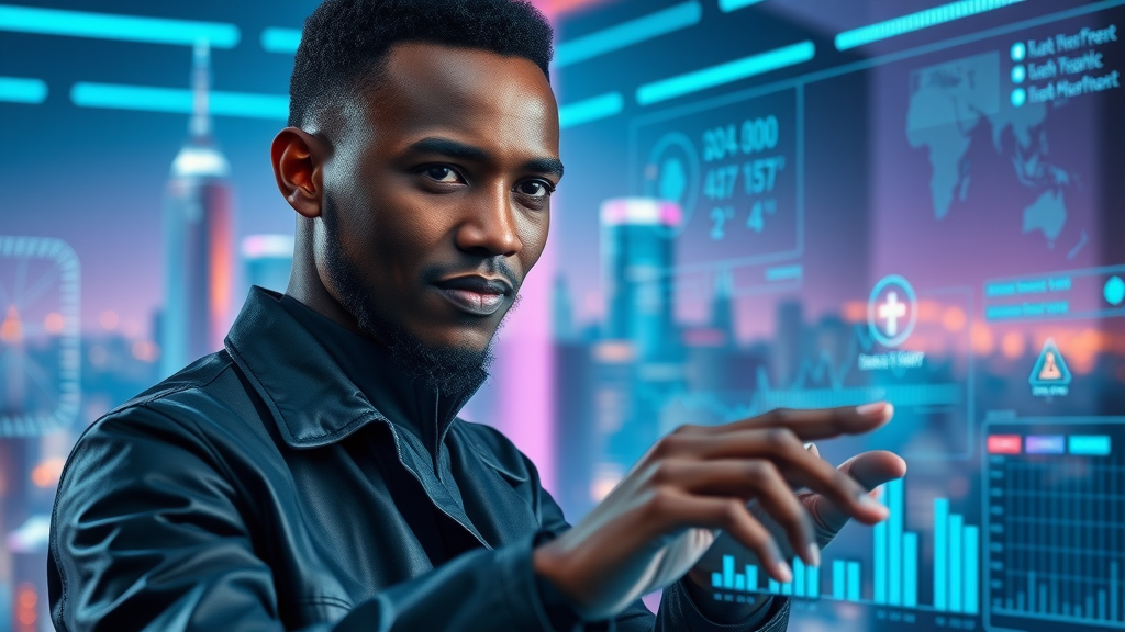 futuristic African marketer interacting with a holographic AI-powered dashboard, symbolizing artificial intelligence in the African digital market.