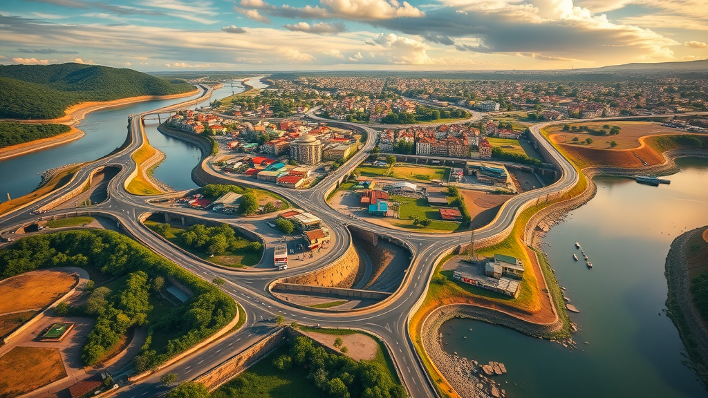 dynamic aerial view of West African borders, cross-border markets and towns, high fantasy style
