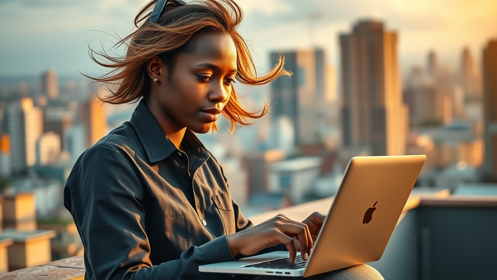 Inspired African entrepreneur analyzing AI-driven marketing campaigns with African city skyline, golden hour, photorealistic