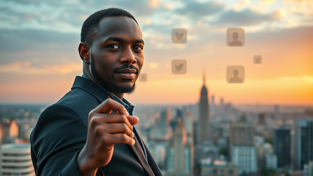 African social media marketing trends - Entrepreneur overlooking city with social media icons and optimism
