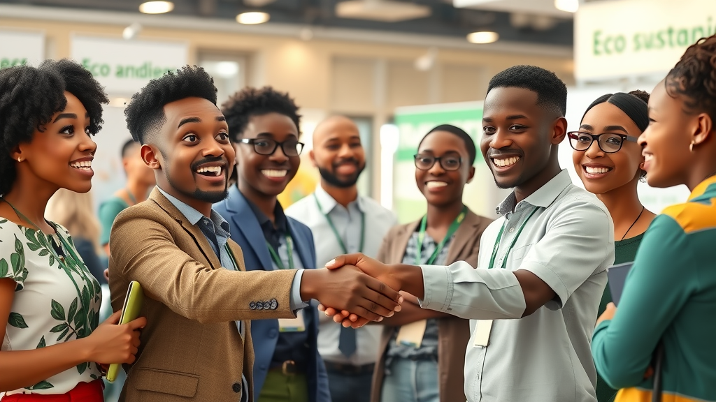 Small business owners in Africa connecting for sustainable business growth Africa at eco-friendly event