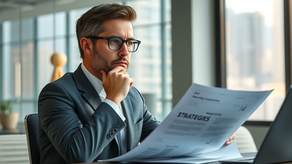 ethical persuasion vs manipulation: thoughtful business professional reviewing strategy documents in a modern office