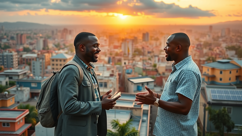 Sustainable business growth Africa bustling urban cityscape with solar panels, local entrepreneurs, and green innovations