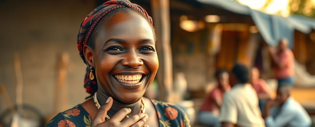 Powerful portrait of a Ugandan woman entrepreneur, proud and successful in a rural marketplace, vibrant and lifelike