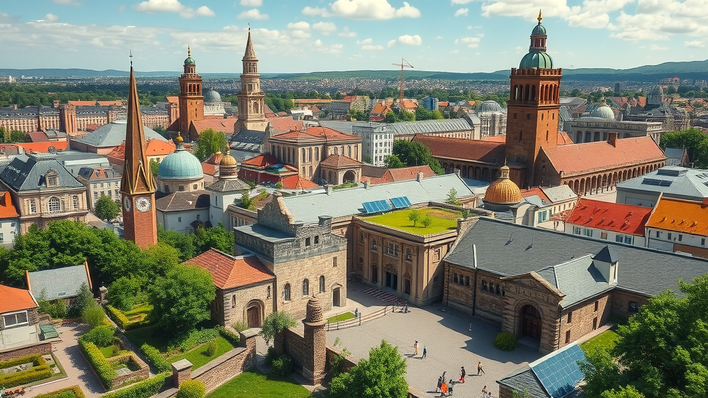 Inspiring view of modern infrastructure blended with preserved ancient city sites—showing green roofs, solar panels, and adaptive urban planning as defenses against climate change effects on African coastal historic cities and regions on the Mediterranean Sea.