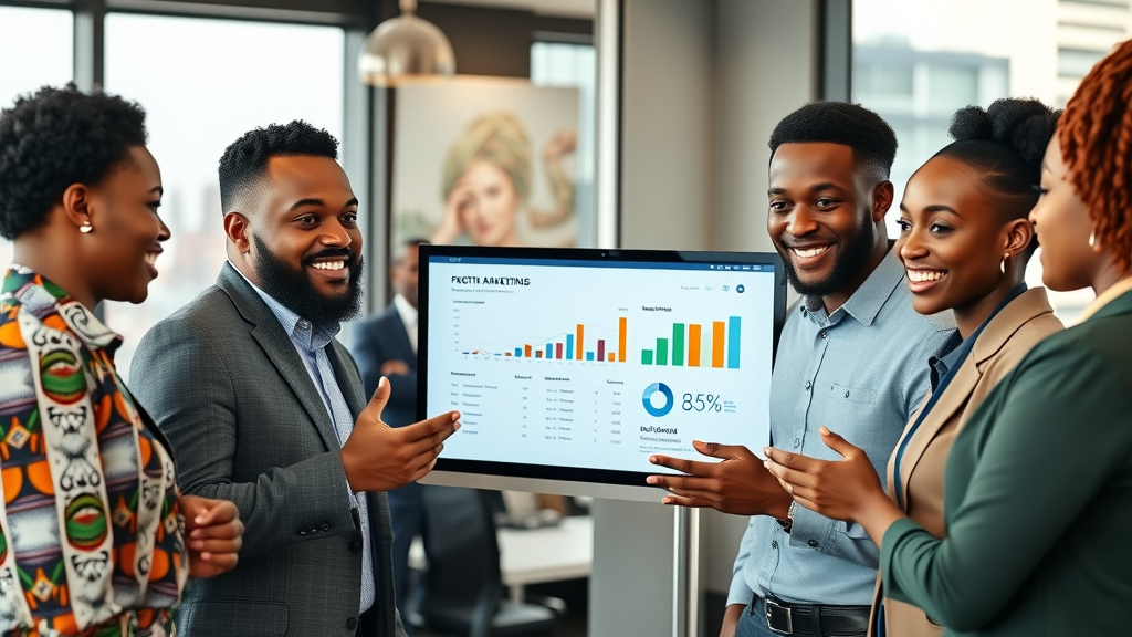 vibrant African business team reviewing digital marketing analytics, marketing ROI measurement