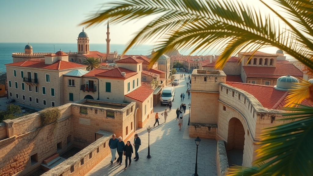 Timeless Mediterranean port city with intricate stonework and historical architecture, climate change effects on African coastal historic cities and regions on the Mediterranean Sea in a calm, sunlit setting.