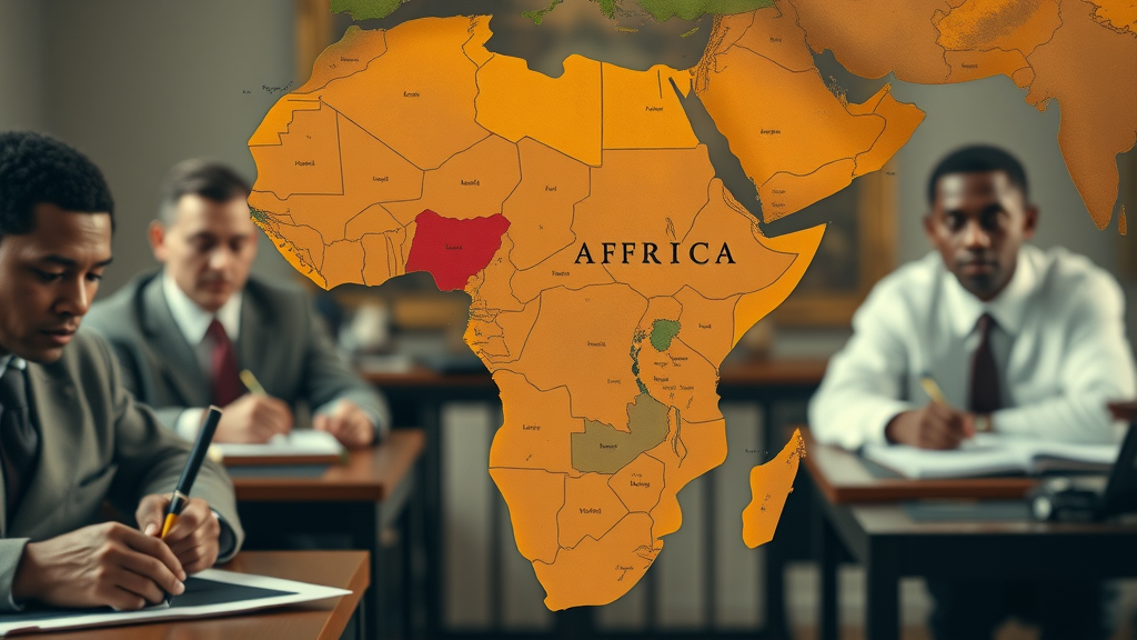 evocative map of Africa highlighting colonial-era borders, photorealistic, blurred colonial officials in the background