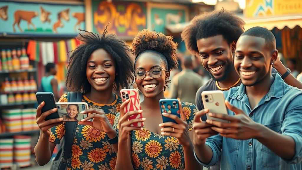 creative young African women and men filming TikTok videos on smartphones outdoors, lively urban setting, illustrating video content and digital advertising Africa trends.