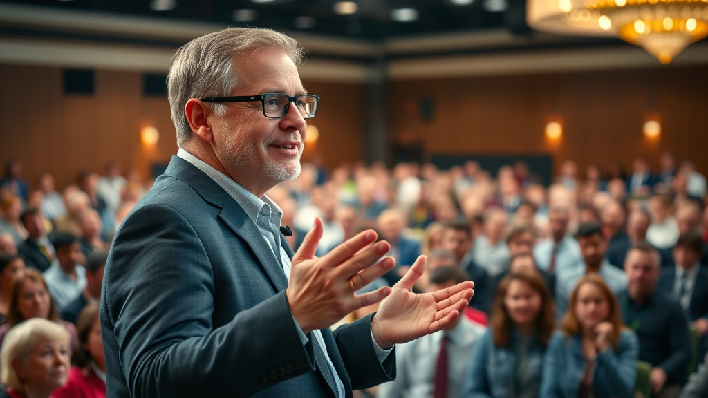 persuasion technique: confident speaker presenting to an attentive audience to build trust