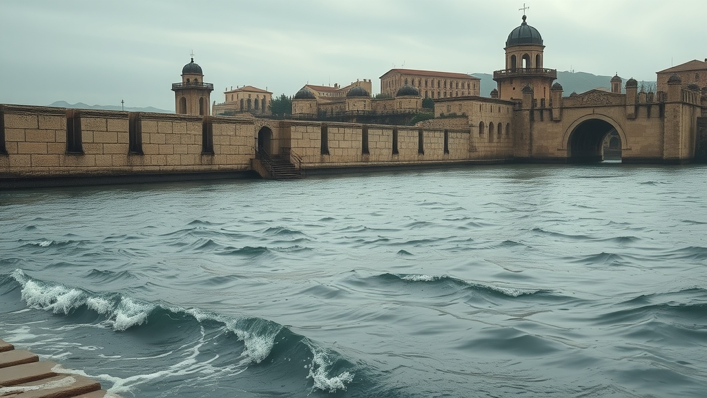Somber historic city ramparts partially submerged, floodwaters encroaching on Mediterranean ruins—a photorealistic depiction of climate change effects on African coastal historic cities and regions on the Mediterranean Sea.