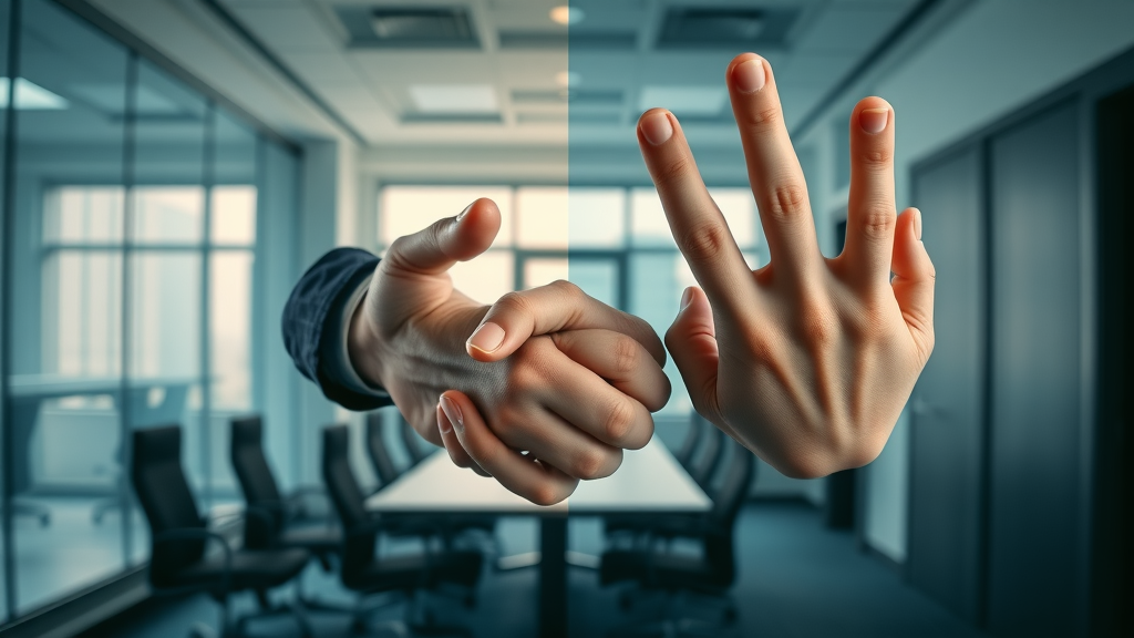 ethical persuasion vs manipulation - Handshake versus crossed fingers, trust and deception in business, boardroom and hallway contrast