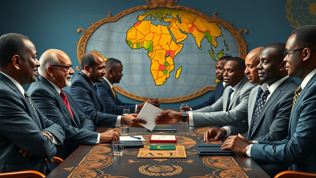inspiring African leaders roundtable with map and regional flags, photorealistic